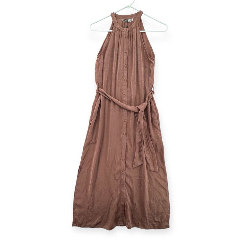 Zara Basic Button Front Dress Womens XS Maxi A Line Belted Side Slits Flowy NWT